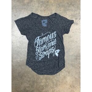Famous Stars and Straps Graphic Tee Womens Small Grey Good Scoop Neck Curved Hem